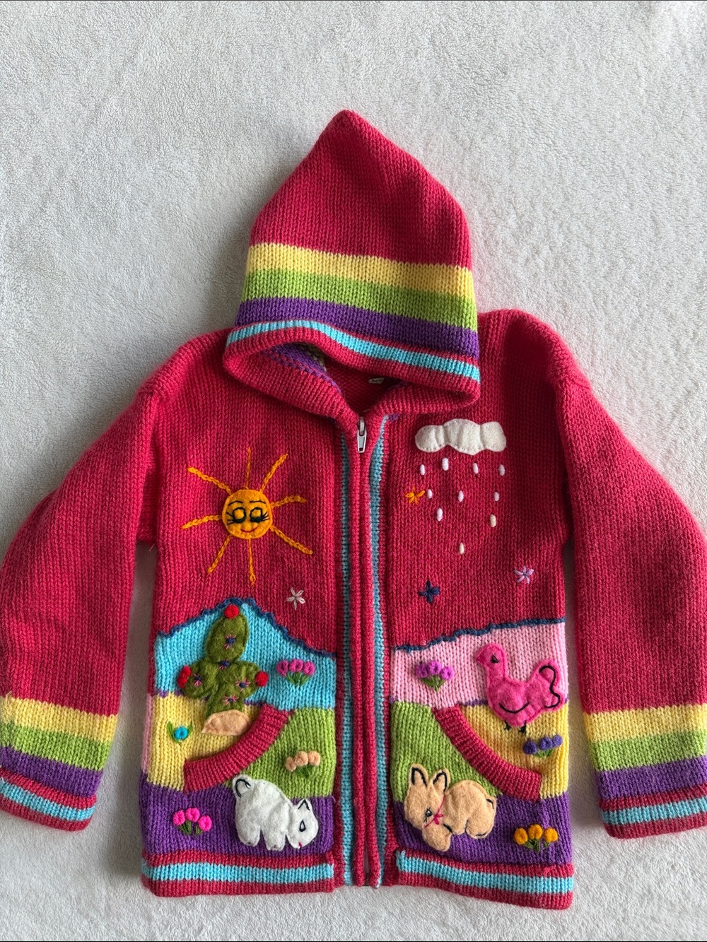 GIRLS ADORABLE BRIGHT PINK RAINBOW KNIT HOODED SWEATER SIZE 6